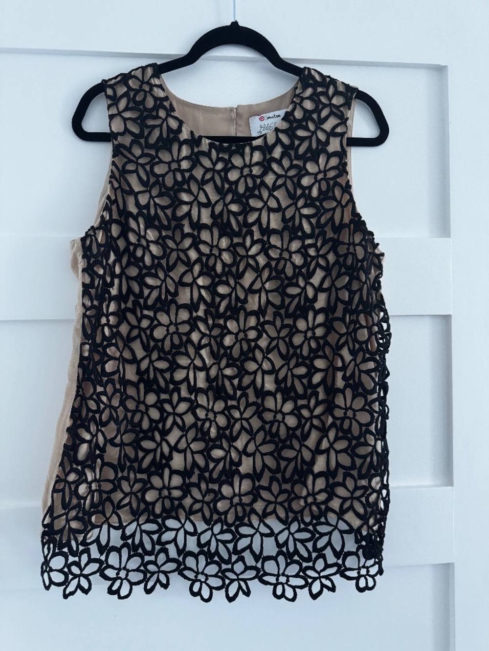 Neiman Marcus Lela Rose Silk Tank Top Black Floral Overlay Beige Liner, L